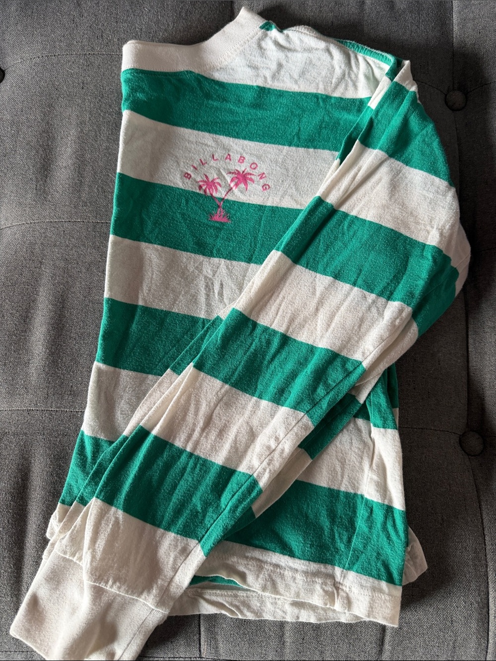 Billabong Green and White Striped Long-Sleeve Tee with Pink Palm Logo